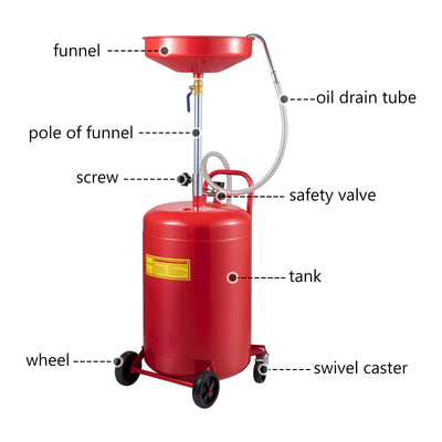 VEVOR Waste Oil Drain Tank 20 Gallon Portable Oil Drain Air Operated Drainer Oil Change, Oil Drain Container, Fluid Fuel Transfer Drainage Adjustable Funnel Height, With Wheel For Easy Oil Removal