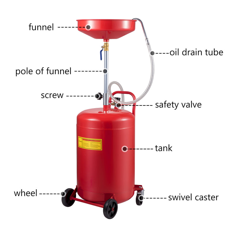 VEVOR Waste Oil Drain Tank 20 Gallon Portable Oil Drain Air Operated Drainer Oil Change, Oil Drain Container, Fluid Fuel Transfer Drainage Adjustable Funnel Height, With Wheel For Easy Oil Removal