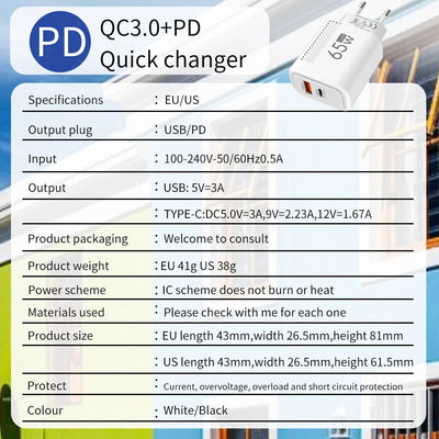 Total 65W USB Type C Fast Charger Quick Charge Phone Charger Adapter For iPhone 15 Xiaomi Samsung Huawei EU/US Plug Wall Charger