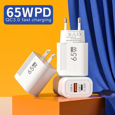 Total 65W USB Type C Fast Charger Quick Charge Phone Charger Adapter For iPhone 15 Xiaomi Samsung Huawei EU/US Plug Wall Charger
