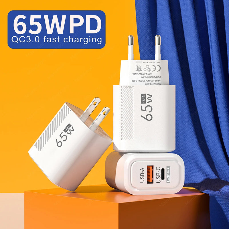 Total 65W USB Type C Fast Charger Quick Charge Phone Charger Adapter For iPhone 15 Xiaomi Samsung Huawei EU/US Plug Wall Charger