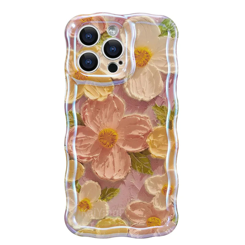 Stylish Phone Case For iPhone 11 12 13 14 15 16 Pro Max Retro Oil Painting Flower Glossy Cute Floral Wave Border Exquisite Cover
