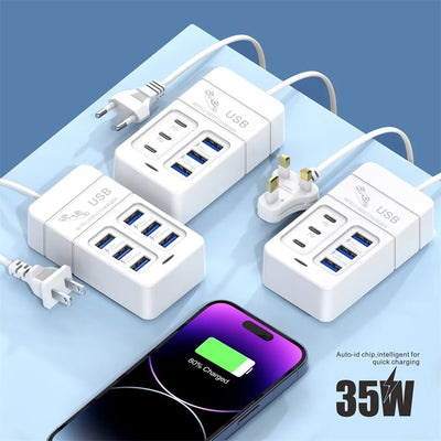 6 Port PD USB Charger QC 3.0 Fast Charging Type C Wall Charger for Xiaomi Samsung iPad Mobile Phone Charger Travel Power Adapter