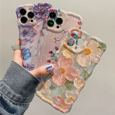 Stylish Phone Case For iPhone 11 12 13 14 15 16 Pro Max Retro Oil Painting Flower Glossy Cute Floral Wave Border Exquisite Cover