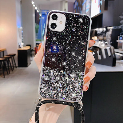 With Neck Strap Rope Cord Clear Glitter Case for iphone 11 12 13 14 15 pro max se 2 2020 2022 Crossbody Lanyard Cover Fundas