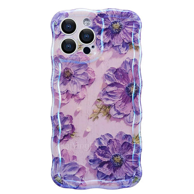 Stylish Phone Case For iPhone 11 12 13 14 15 16 Pro Max Retro Oil Painting Flower Glossy Cute Floral Wave Border Exquisite Cover