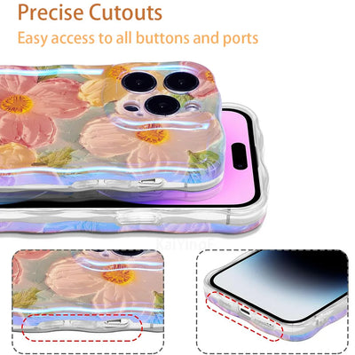 Stylish Phone Case For iPhone 11 12 13 14 15 16 Pro Max Retro Oil Painting Flower Glossy Cute Floral Wave Border Exquisite Cover