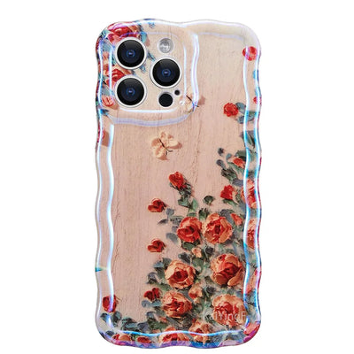 Stylish Phone Case For iPhone 11 12 13 14 15 16 Pro Max Retro Oil Painting Flower Glossy Cute Floral Wave Border Exquisite Cover