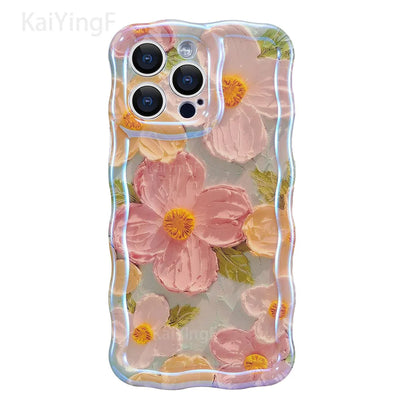 Stylish Phone Case For iPhone 11 12 13 14 15 16 Pro Max Retro Oil Painting Flower Glossy Cute Floral Wave Border Exquisite Cover